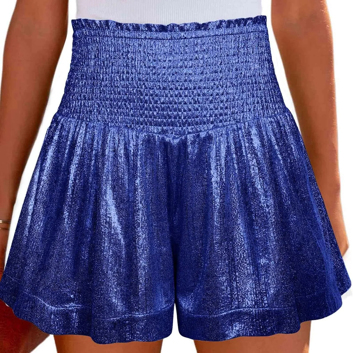 Women's Skirt Casual Loose and Elastic Waist Flash Shorts Metallic Fashion Pleated Waist Short High Skirt for