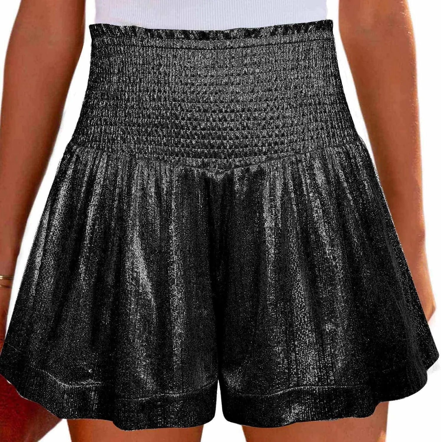 Women's Skirt Casual Loose and Elastic Waist Flash Shorts Metallic Fashion Pleated Waist Short High Skirt for