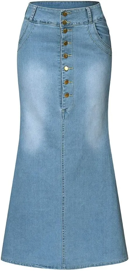 Women's Skirts Midi Skirts for Women Fashion Straight Long Mid Waist Womens Denim Button Maxi Skirts Under Skirt