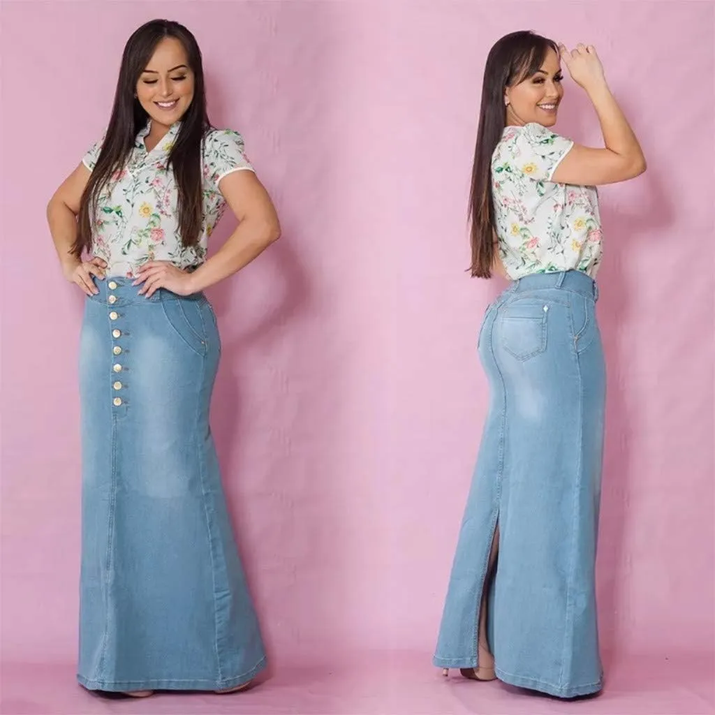 Women's Skirts Midi Skirts for Women Fashion Straight Long Mid Waist Womens Denim Button Maxi Skirts Under Skirt