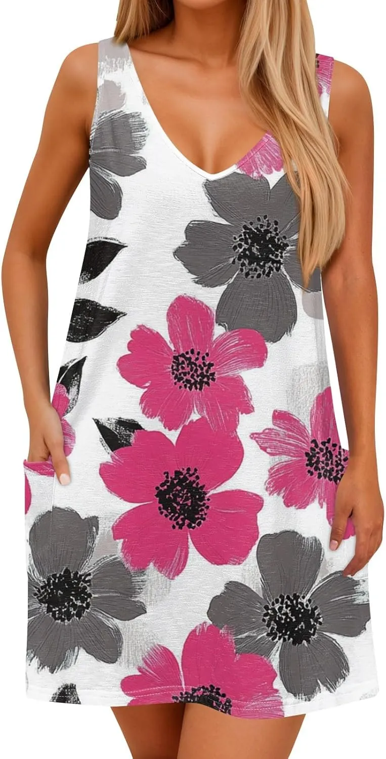 Women's Sleeveless Floral Print Summer Dress Casual Loose Fit Beach Summer with V-Neckline and Colors