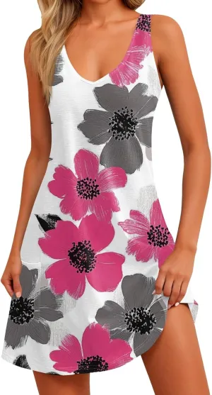 Women's Sleeveless Floral Print Summer Dress Casual Loose Fit Beach Summer with V-Neckline and Colors