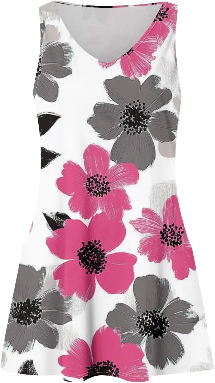 Women's Sleeveless Floral Print Summer Dress Casual Loose Fit Beach Summer with V-Neckline and Colors