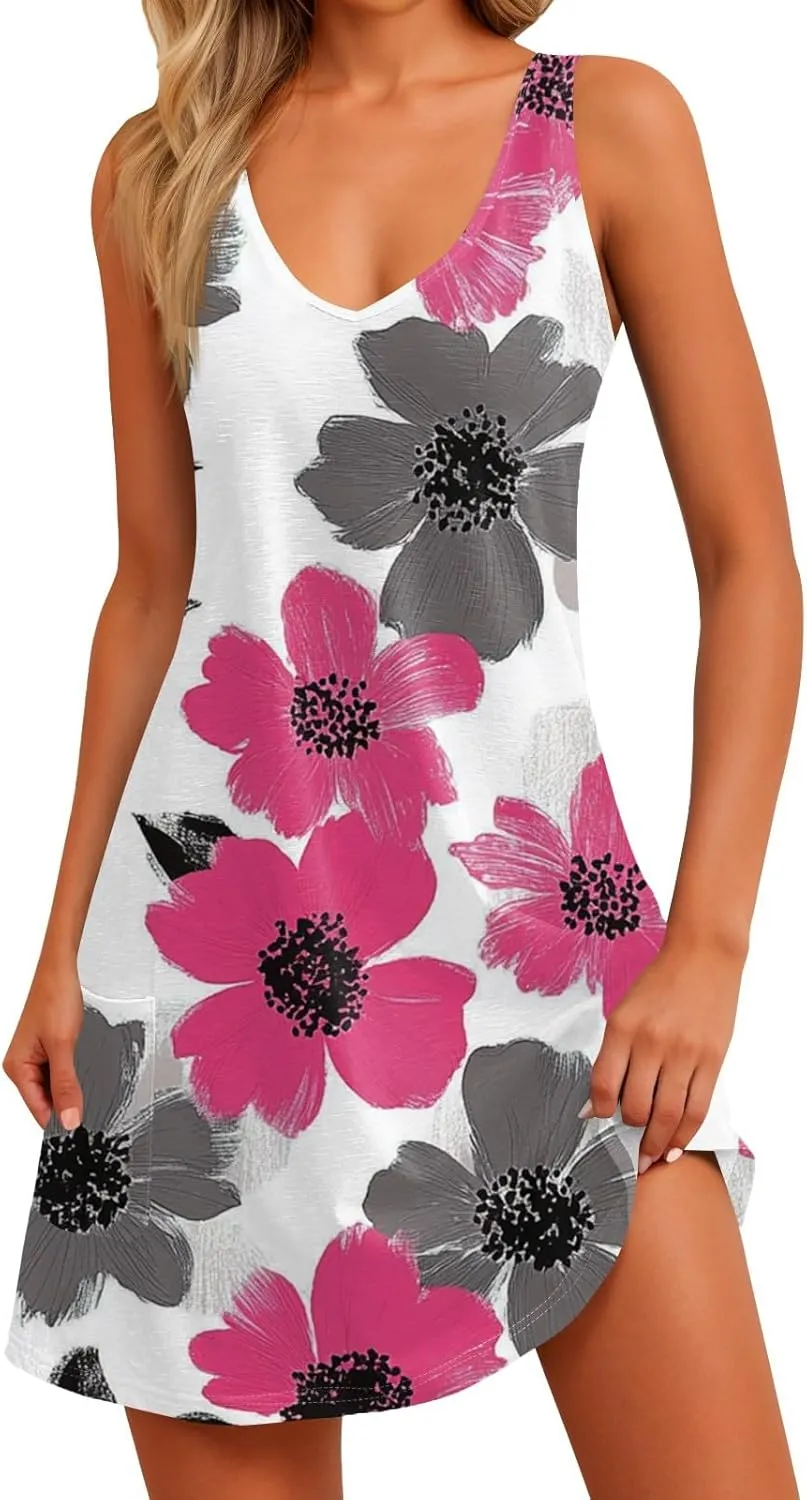 Women's Sleeveless Floral Print Summer Dress Casual Loose Fit Beach Summer with V-Neckline and Colors