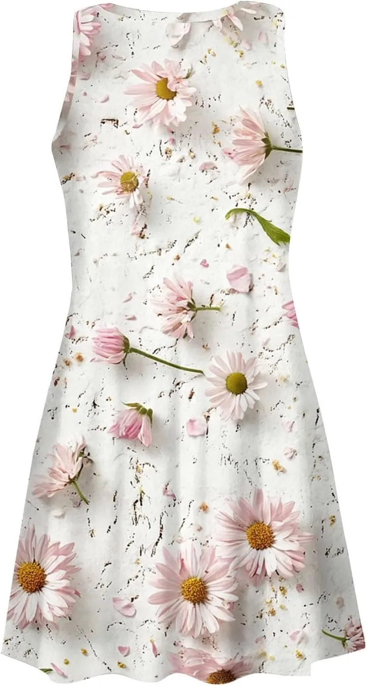 Women's Sleeveless Floral Print Summer Dress with Pockets Casual Loose Fit A-Line Summer for Beach & Party