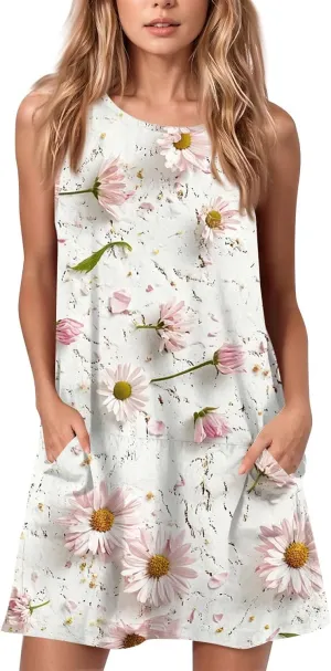 Women's Sleeveless Floral Print Summer Dress with Pockets Casual Loose Fit A-Line Summer for Beach & Party
