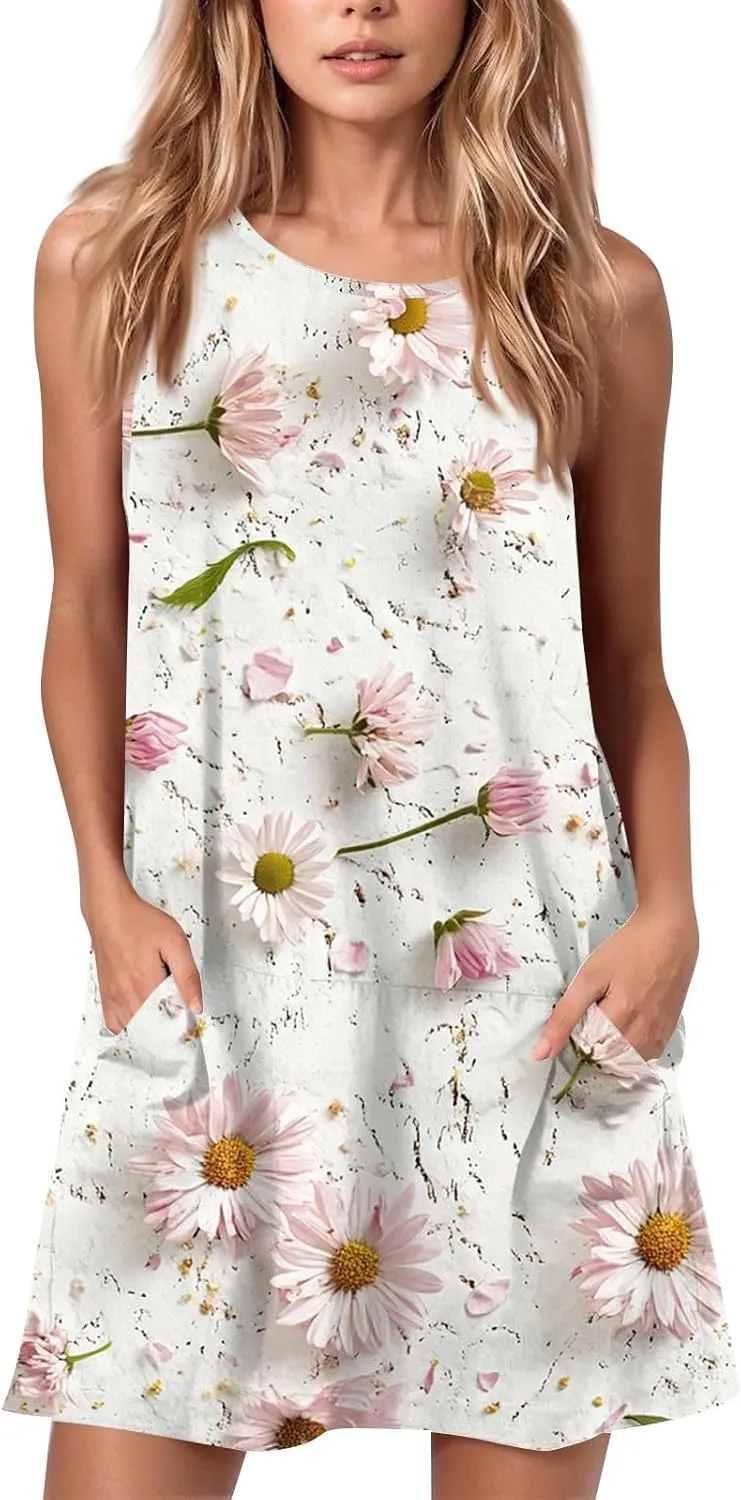 Women's Sleeveless Floral Print Summer Dress with Pockets Casual Loose Fit A-Line Summer for Beach & Party