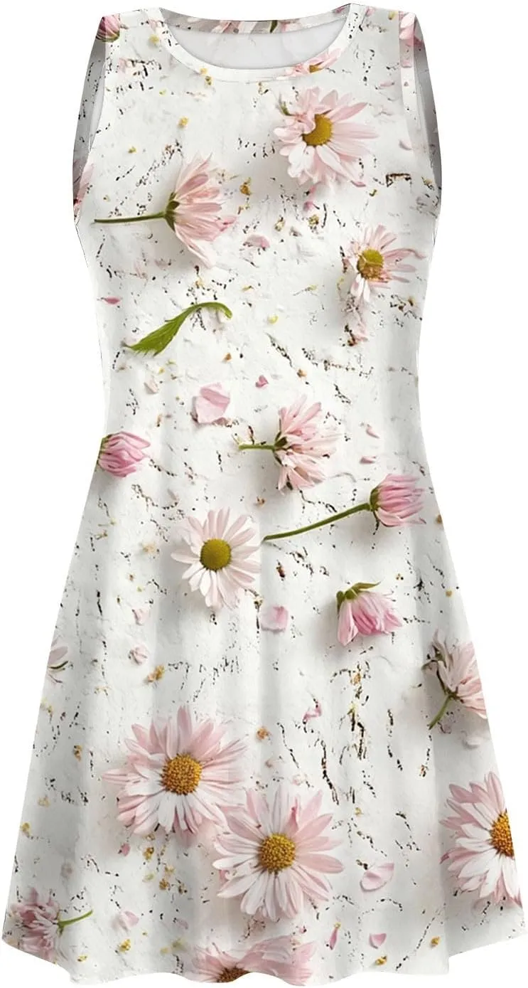 Women's Sleeveless Floral Print Summer Dress with Pockets Casual Loose Fit A-Line Summer for Beach & Party