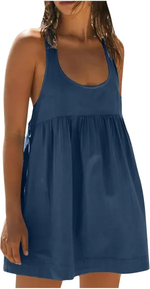 Women's Sleeveless Loose Beach Dress Simple Solid Color Sundress Crewneck Casual Fashion Sport Dress
