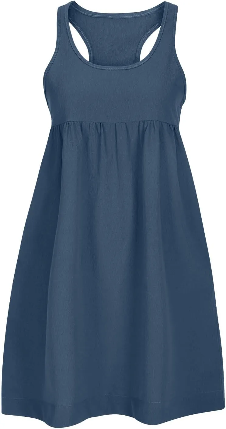 Women's Sleeveless Loose Beach Dress Simple Solid Color Sundress Crewneck Casual Fashion Sport Dress
