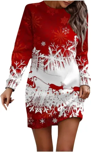 Women's Spring Dresses 2024 Round Neck Printed Long Sleeve Wrap Hip Mini Sweatshirt Dress, S-3XL