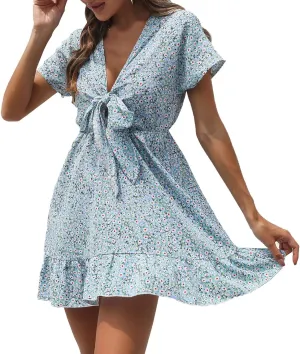 Women's Spring Dresses Casual Long Sleeve V Neck Ruffle Bohemian Floral Print High Waist Flowy Mini Dress with Belt