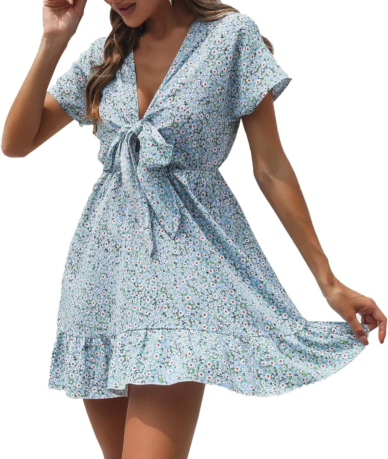 Women's Spring Dresses Casual Long Sleeve V Neck Ruffle Bohemian Floral Print High Waist Flowy Mini Dress with Belt