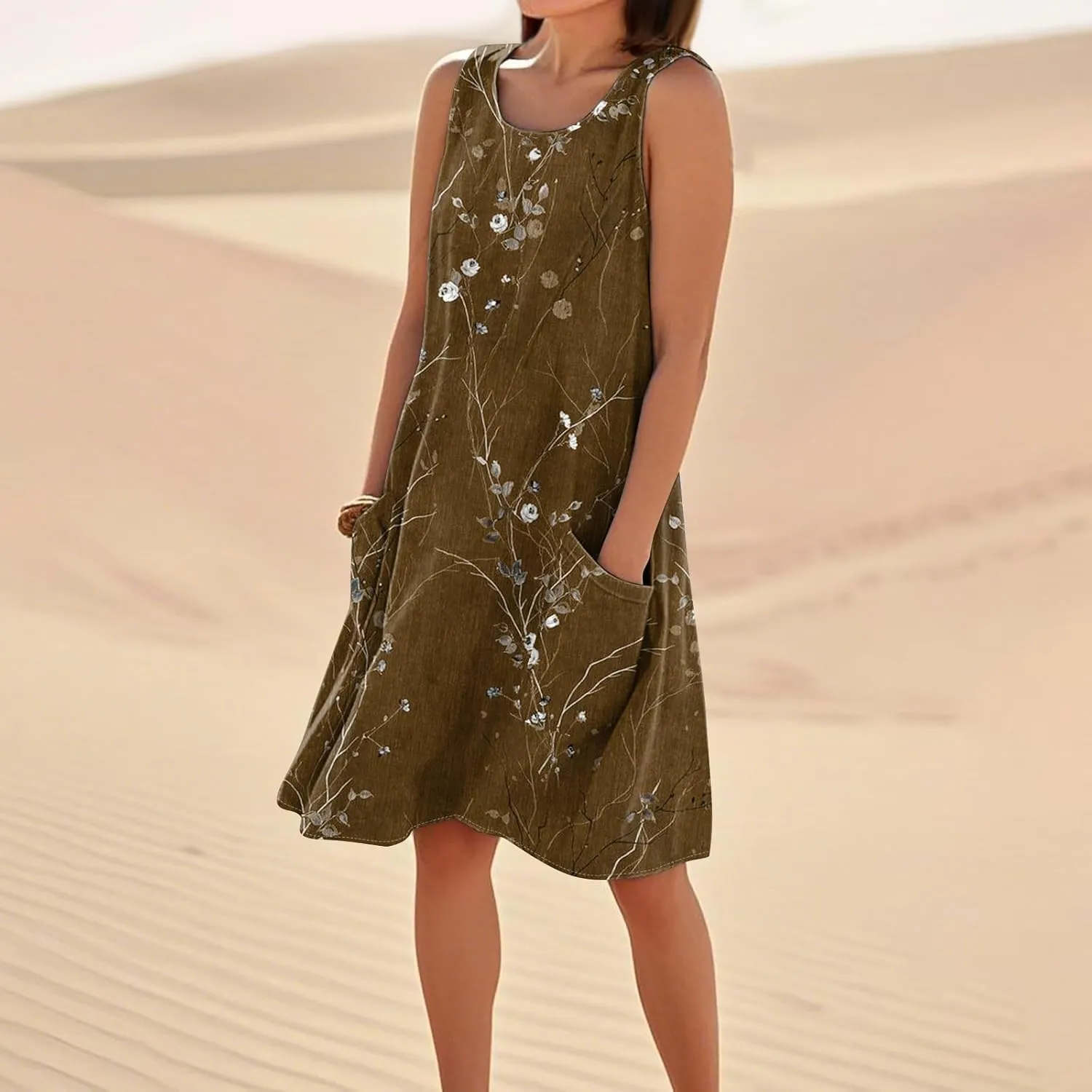 Women's Spring Dresses Round Neck Sleeveless Summer Sundresses Knee Length Tank with Pockets Vacation Dresses