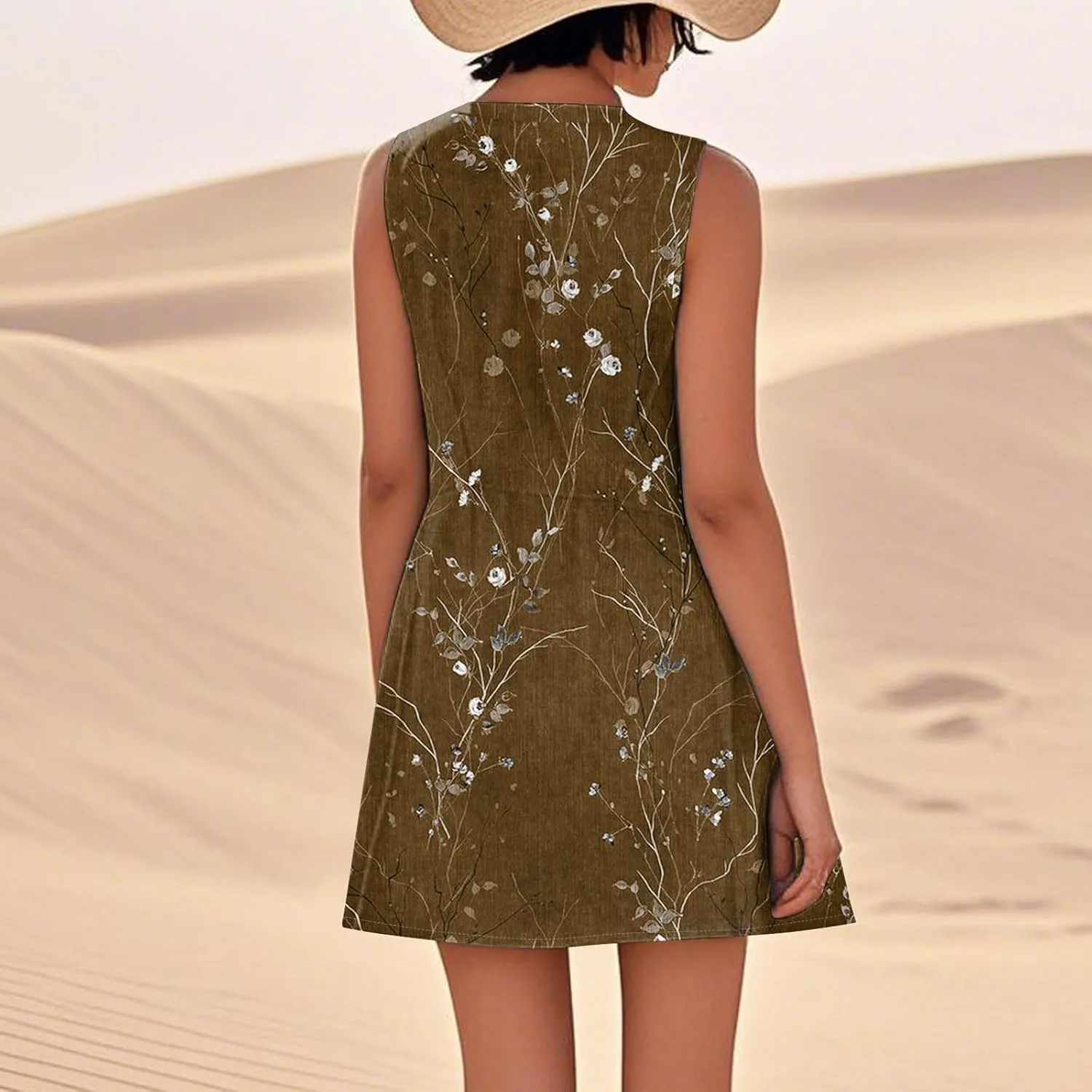 Women's Spring Dresses Round Neck Sleeveless Summer Sundresses Knee Length Tank with Pockets Vacation Dresses