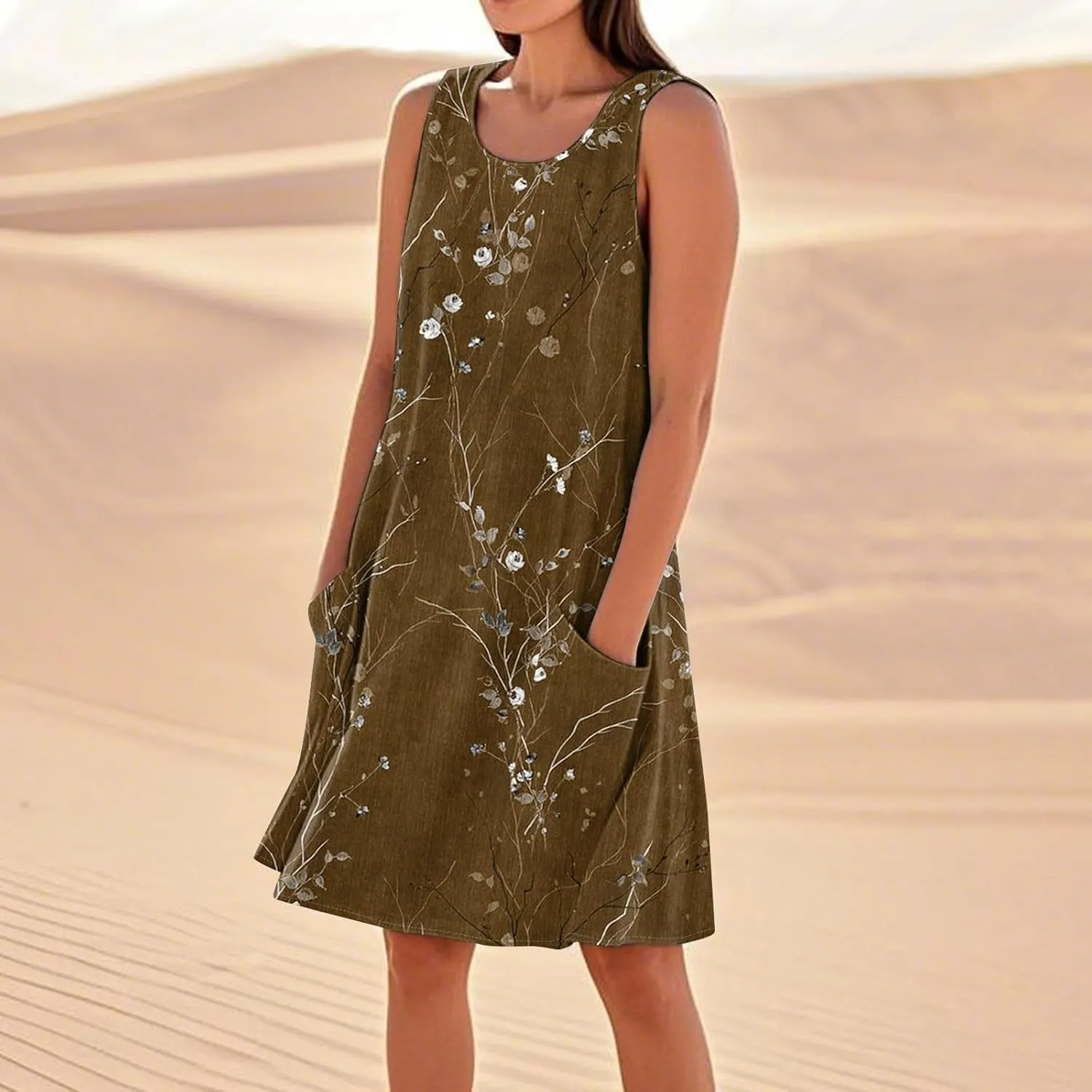 Women's Spring Dresses Round Neck Sleeveless Summer Sundresses Knee Length Tank with Pockets Vacation Dresses
