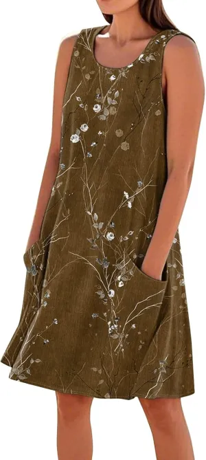 Women's Spring Dresses Round Neck Sleeveless Summer Sundresses Knee Length Tank with Pockets Vacation Dresses