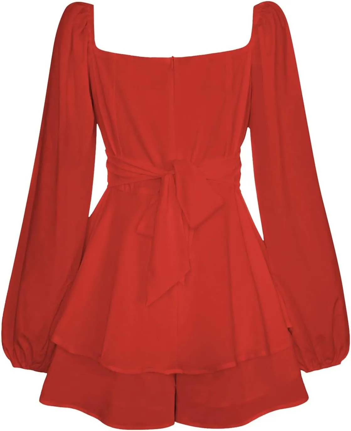 Womens Square Neck Dress Long Lantern Sleeve Tie Backless Ruffle Elastic Waist Above Knee Length Midi Dresses