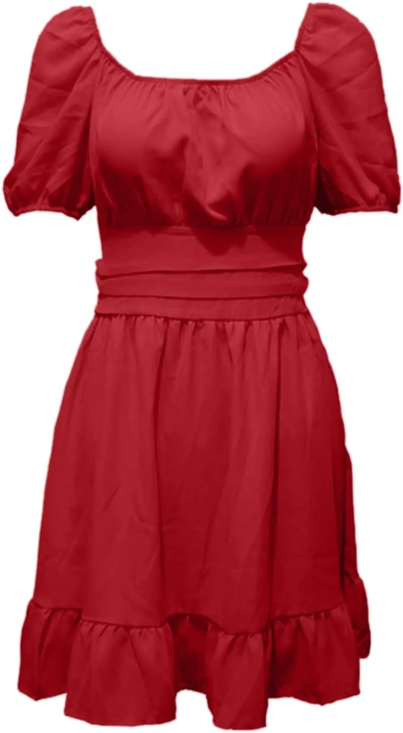 Womens Square Neck Dresses Short Sleeve High Waist Tie Back Ruffle Flowy A-Line Casual Summer Beach Mini Sundress