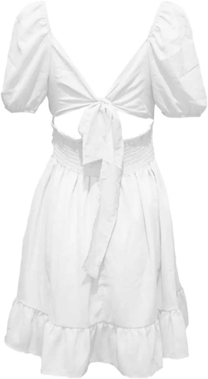 Womens Square Neck Dresses Short Sleeve High Waist Tie Back Ruffle Flowy A-Line Casual Summer Beach Mini Sundress