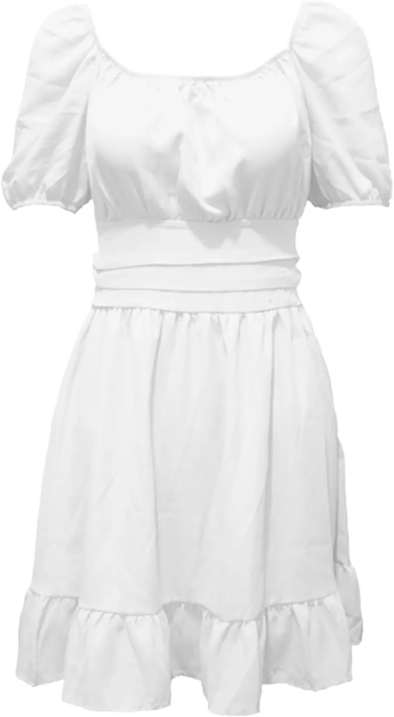 Womens Square Neck Dresses Short Sleeve High Waist Tie Back Ruffle Flowy A-Line Casual Summer Beach Mini Sundress