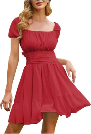 Womens Square Neck Dresses Short Sleeve High Waist Tie Back Ruffle Flowy A-Line Casual Summer Beach Mini Sundress
