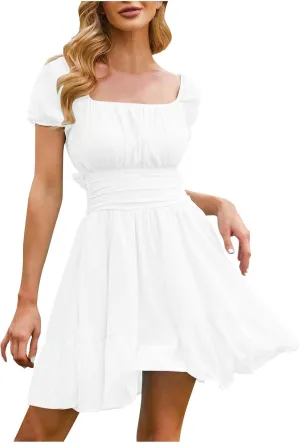 Womens Square Neck Dresses Short Sleeve High Waist Tie Back Ruffle Flowy A-Line Casual Summer Beach Mini Sundress