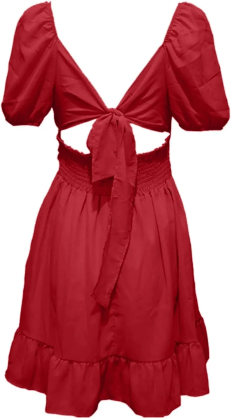 Womens Square Neck Dresses Short Sleeve High Waist Tie Back Ruffle Flowy A-Line Casual Summer Beach Mini Sundress