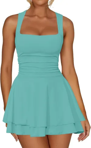 Women's Square Neck Mini Dresses Flowy Ruffle Hem Ruched Waist Dress Summer Corset Short Party Dress