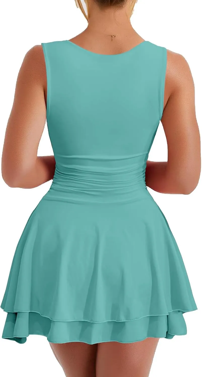 Women's Square Neck Mini Dresses Flowy Ruffle Hem Ruched Waist Dress Summer Corset Short Party Dress