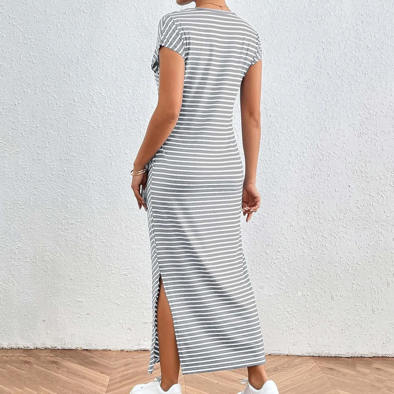 Women's Striped Round Neck Midi Dress Casual Fashion Color Block Short Sleeve Side Tie Knot Split Long Travel Dresses
