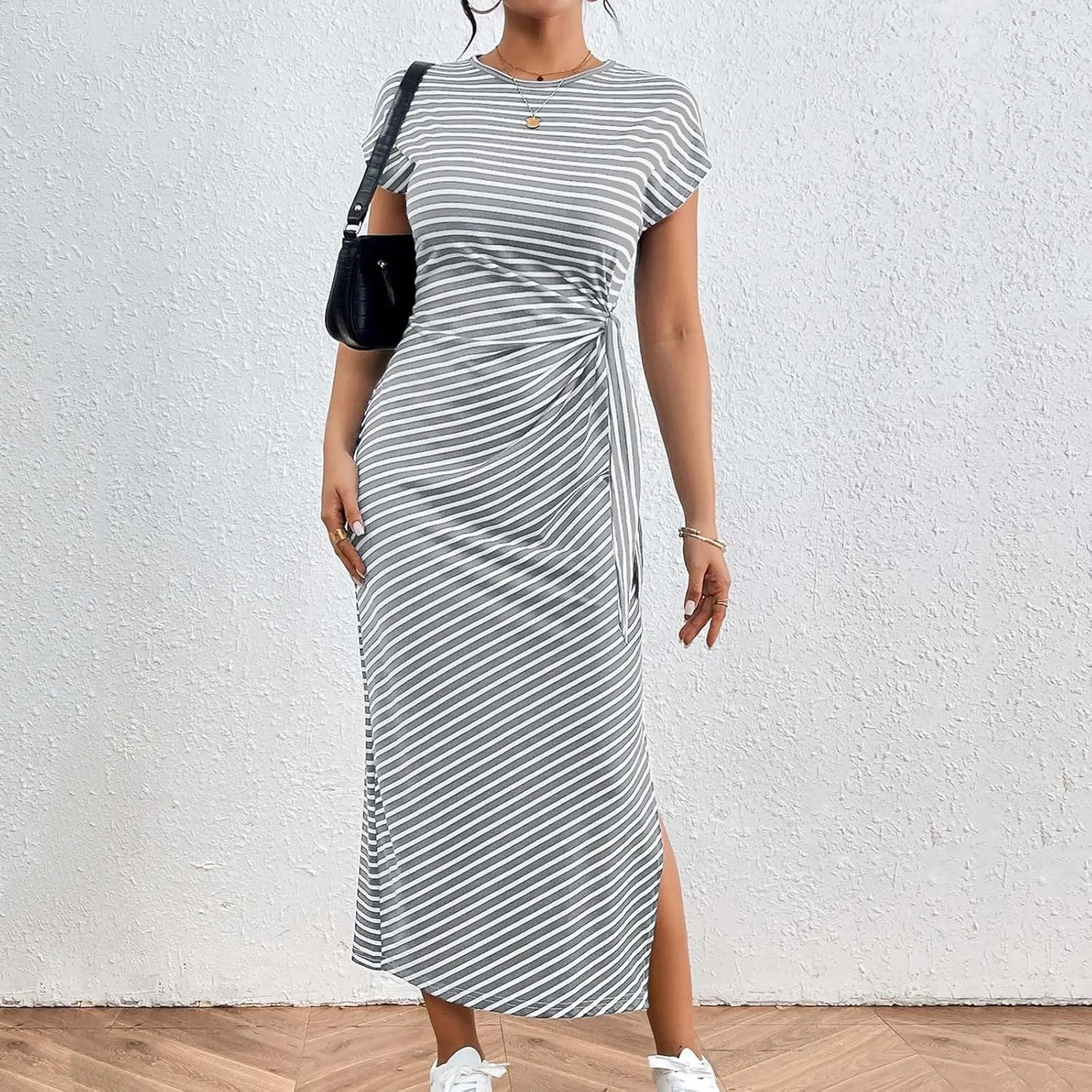 Women's Striped Round Neck Midi Dress Casual Fashion Color Block Short Sleeve Side Tie Knot Split Long Travel Dresses