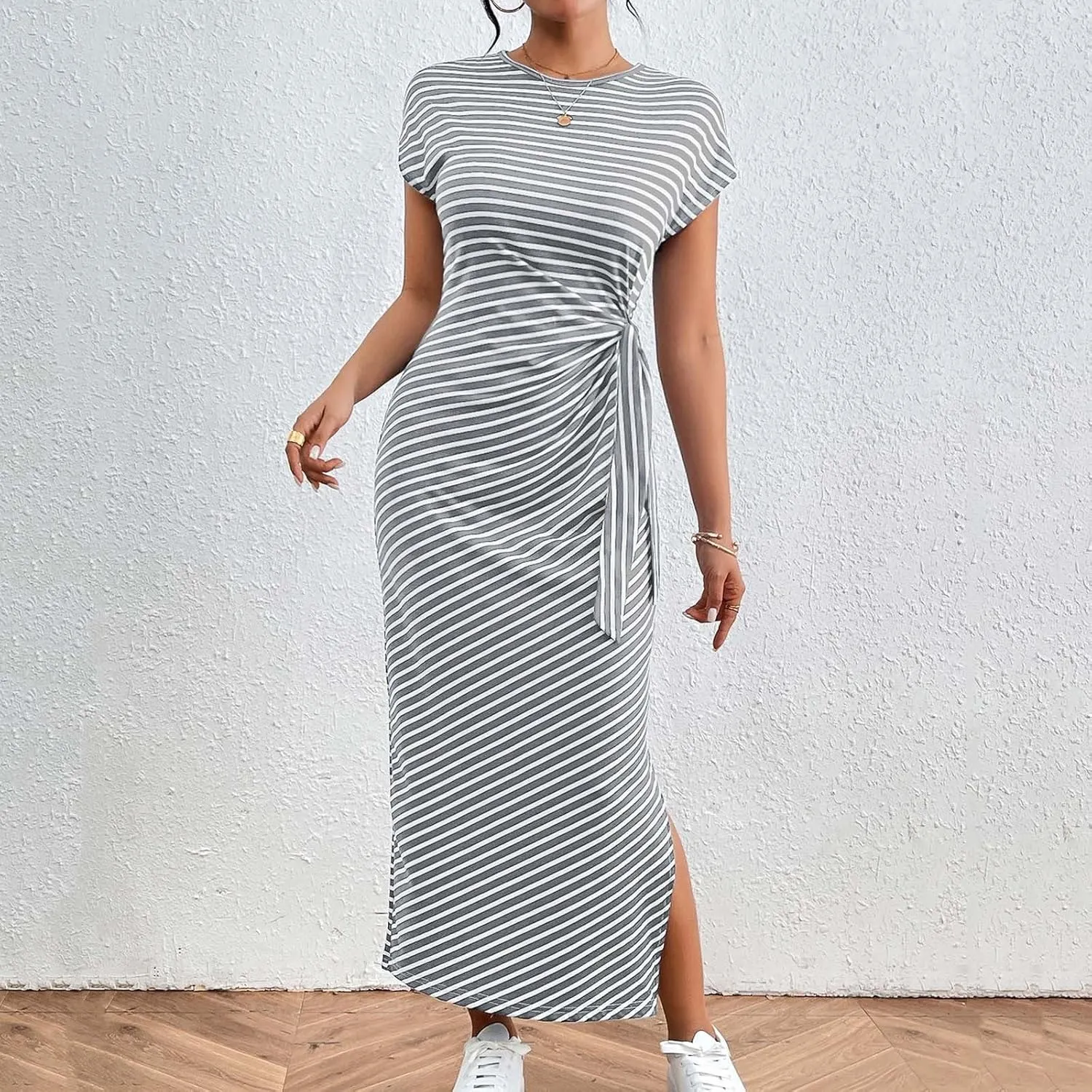 Women's Striped Round Neck Midi Dress Casual Fashion Color Block Short Sleeve Side Tie Knot Split Long Travel Dresses