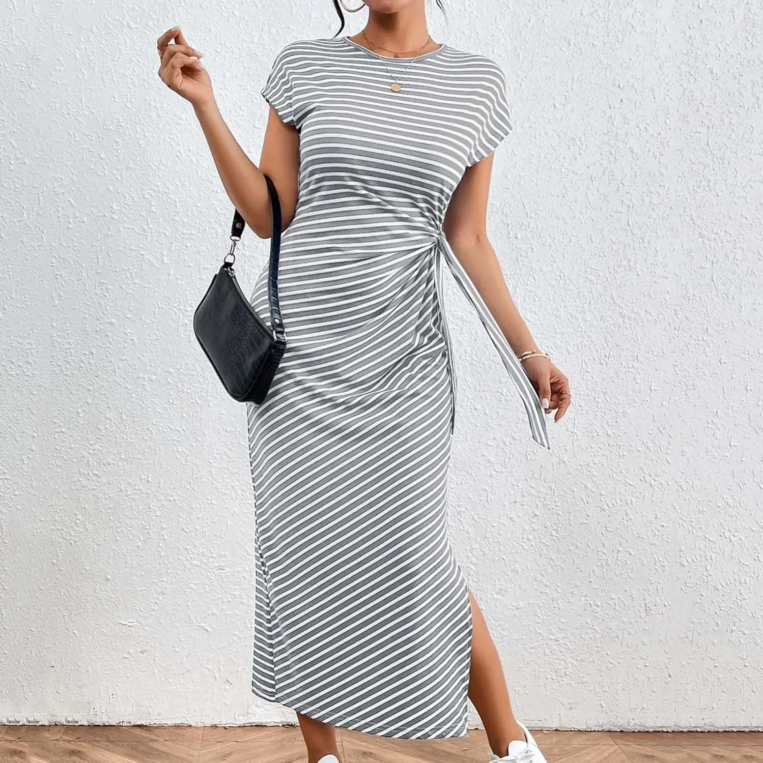 Women's Striped Round Neck Midi Dress Casual Fashion Color Block Short Sleeve Side Tie Knot Split Long Travel Dresses