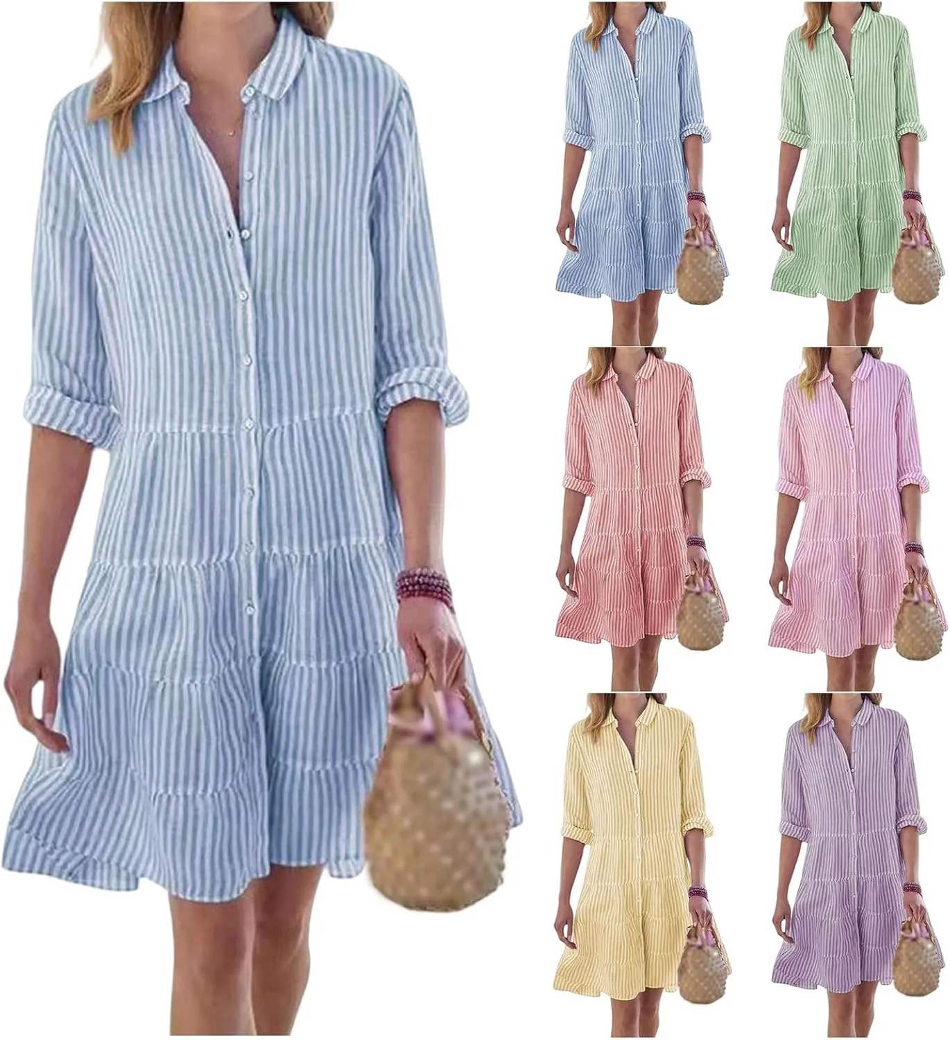 Womens Striped Shirt Dresses Summer Collared Button Down Boho Beach Cuffed Long Sleeve Mini Dress