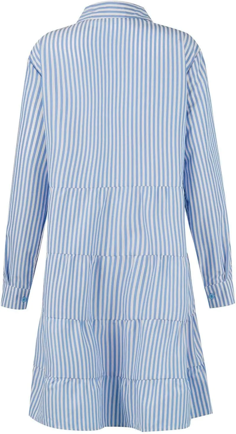 Womens Striped Shirt Dresses Summer Collared Button Down Boho Beach Cuffed Long Sleeve Mini Dress