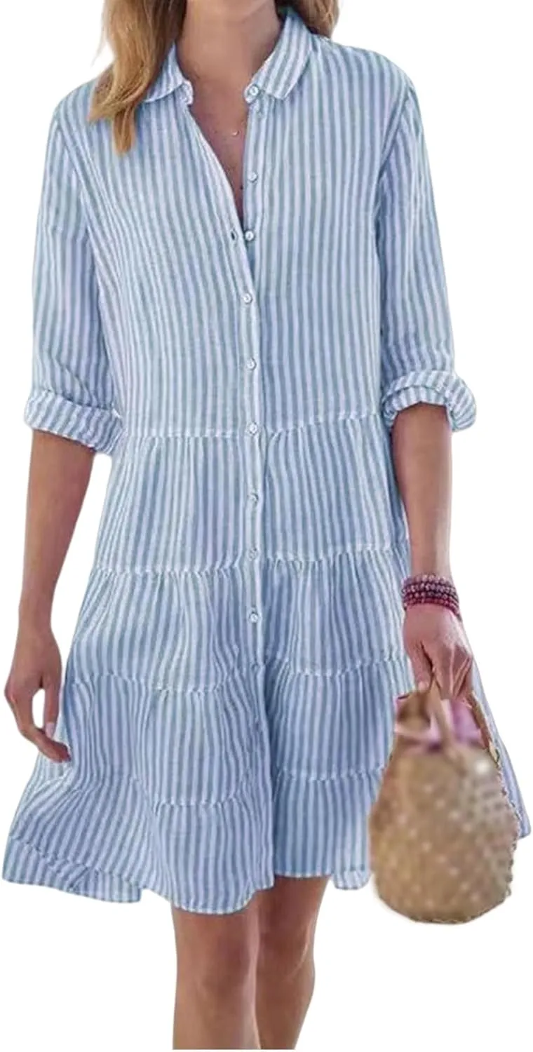 Womens Striped Shirt Dresses Summer Collared Button Down Boho Beach Cuffed Long Sleeve Mini Dress