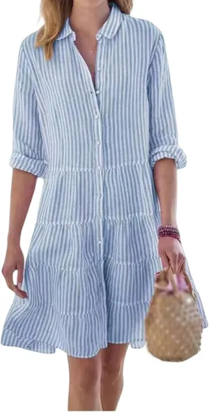 Womens Striped Shirt Dresses Summer Collared Button Down Boho Beach Cuffed Long Sleeve Mini Dress