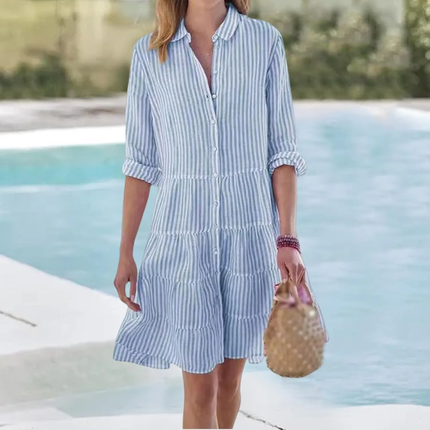Womens Striped Shirt Dresses Summer Collared Button Down Boho Beach Cuffed Long Sleeve Mini Dress