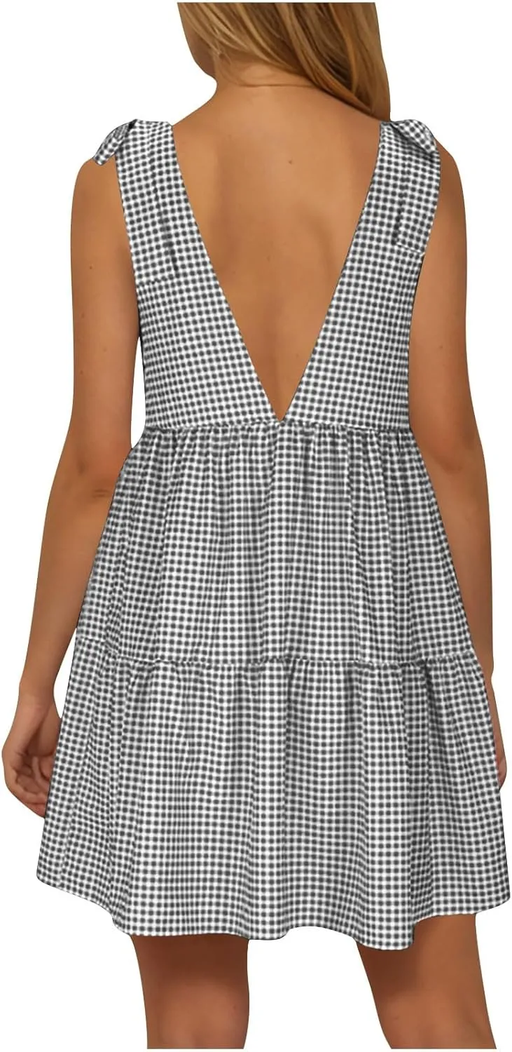 Women's Striped Summer Dress Sleeveless Backless Mini Dresses V Neck Boho Beach Vacation Sundress 2025 Trendy Outfit