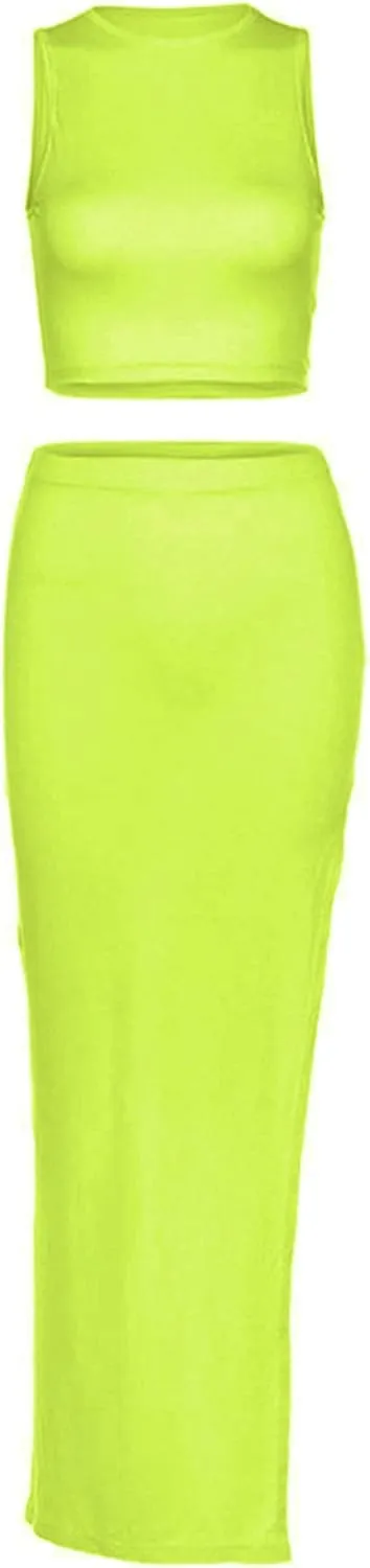 Women's Summer 2 Pieces Skirts Outfits Sleeveless Tank Top and Long Slit Bodycon Skirts Sets Dress Y2K Streetwear