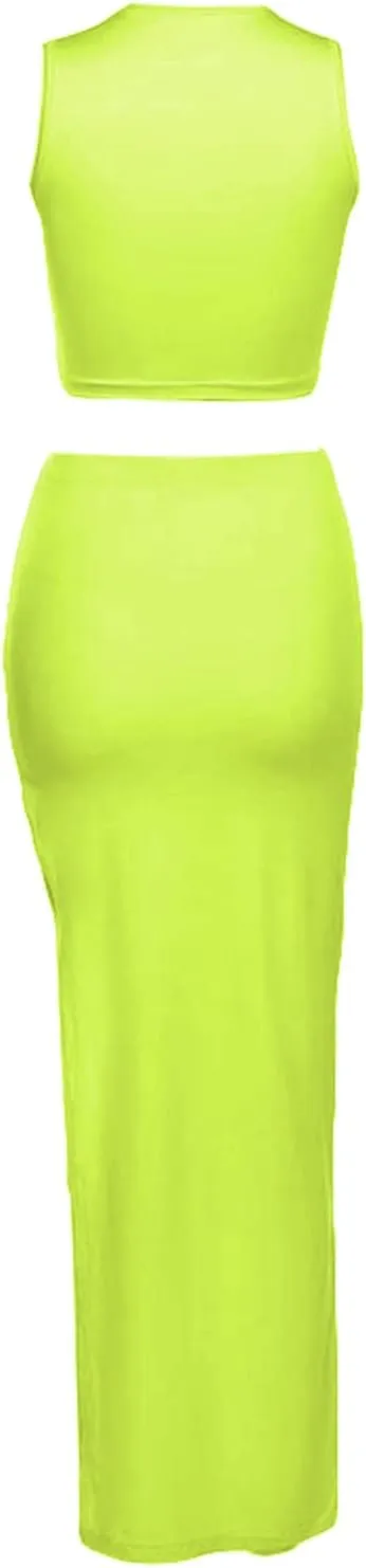 Women's Summer 2 Pieces Skirts Outfits Sleeveless Tank Top and Long Slit Bodycon Skirts Sets Dress Y2K Streetwear