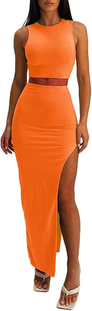 Women's Summer 2 Pieces Skirts Outfits Sleeveless Tank Top and Long Slit Bodycon Skirts Sets Dress Y2K Streetwear