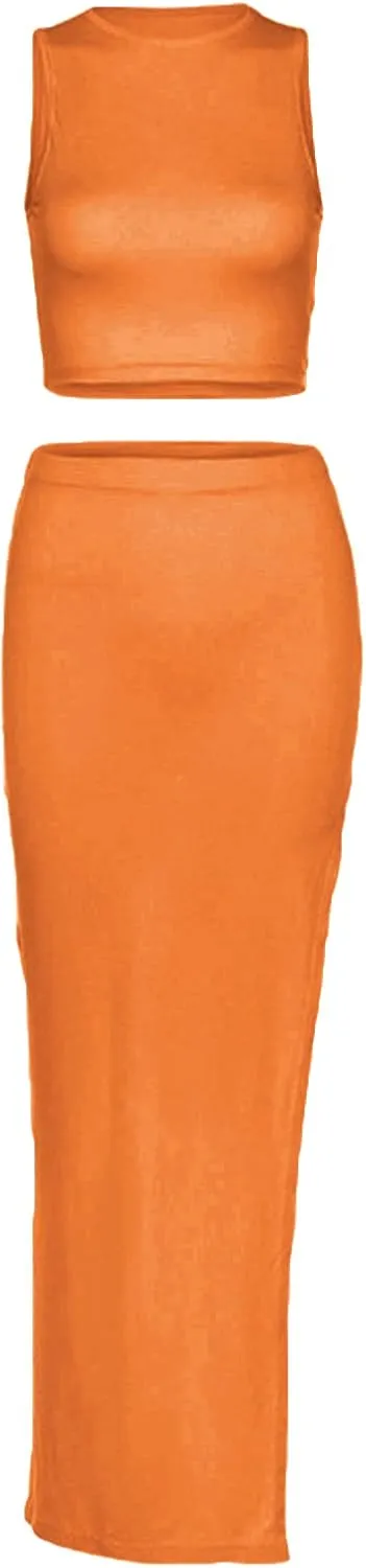 Women's Summer 2 Pieces Skirts Outfits Sleeveless Tank Top and Long Slit Bodycon Skirts Sets Dress Y2K Streetwear