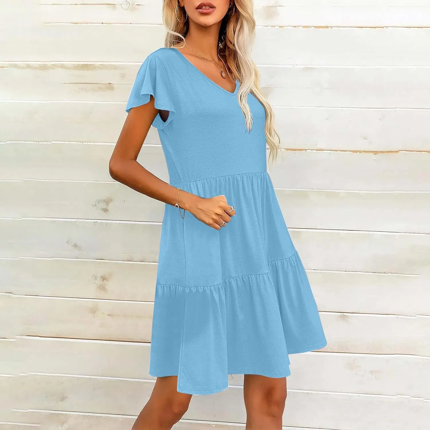 Womens Summer Boho Dresses Ruffle Short Sleeve V Neck Dress Tiered Swing A Line Dress Casual Babydoll Mini Sundress