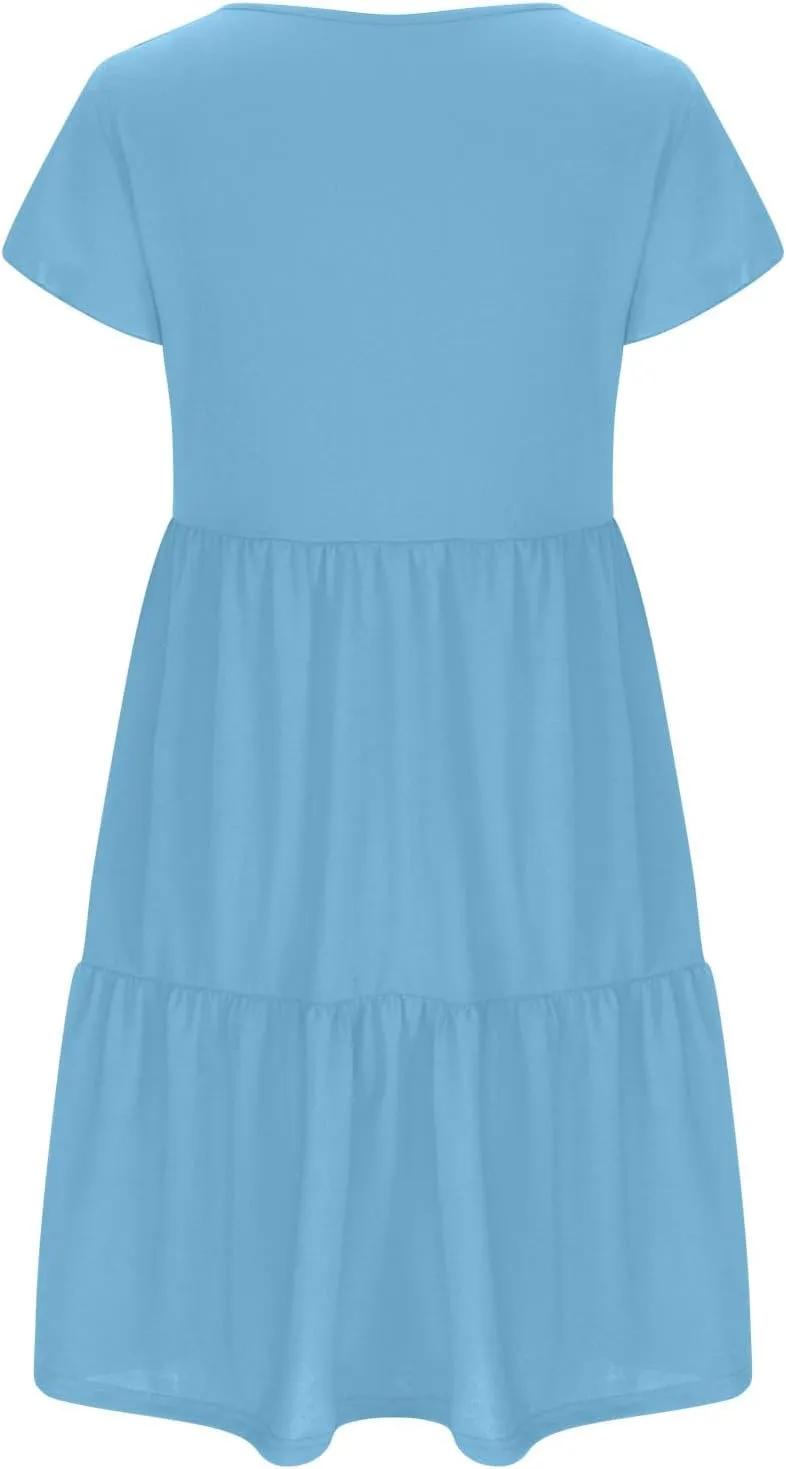 Womens Summer Boho Dresses Ruffle Short Sleeve V Neck Dress Tiered Swing A Line Dress Casual Babydoll Mini Sundress