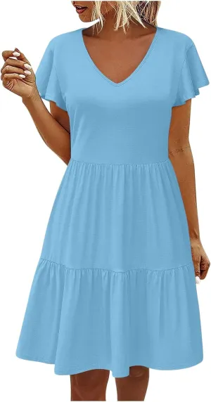 Womens Summer Boho Dresses Ruffle Short Sleeve V Neck Dress Tiered Swing A Line Dress Casual Babydoll Mini Sundress