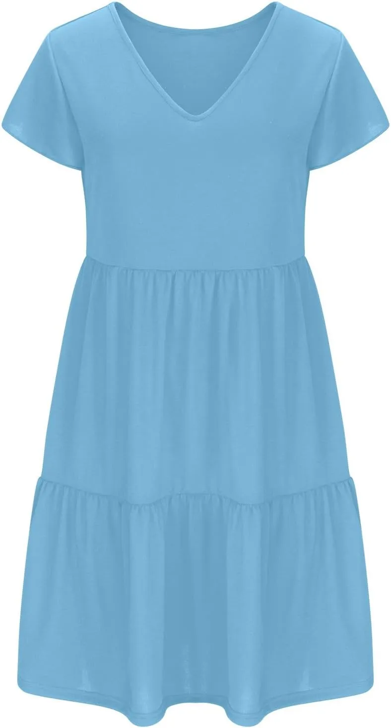 Womens Summer Boho Dresses Ruffle Short Sleeve V Neck Dress Tiered Swing A Line Dress Casual Babydoll Mini Sundress