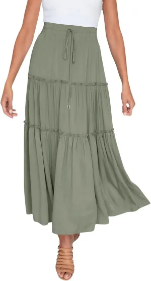 Womens Summer Boho Maxi Skirt A-Line Flowy Ruffle Trendy Drawstring Elastic High Waist Pleated Beach Long Skirts