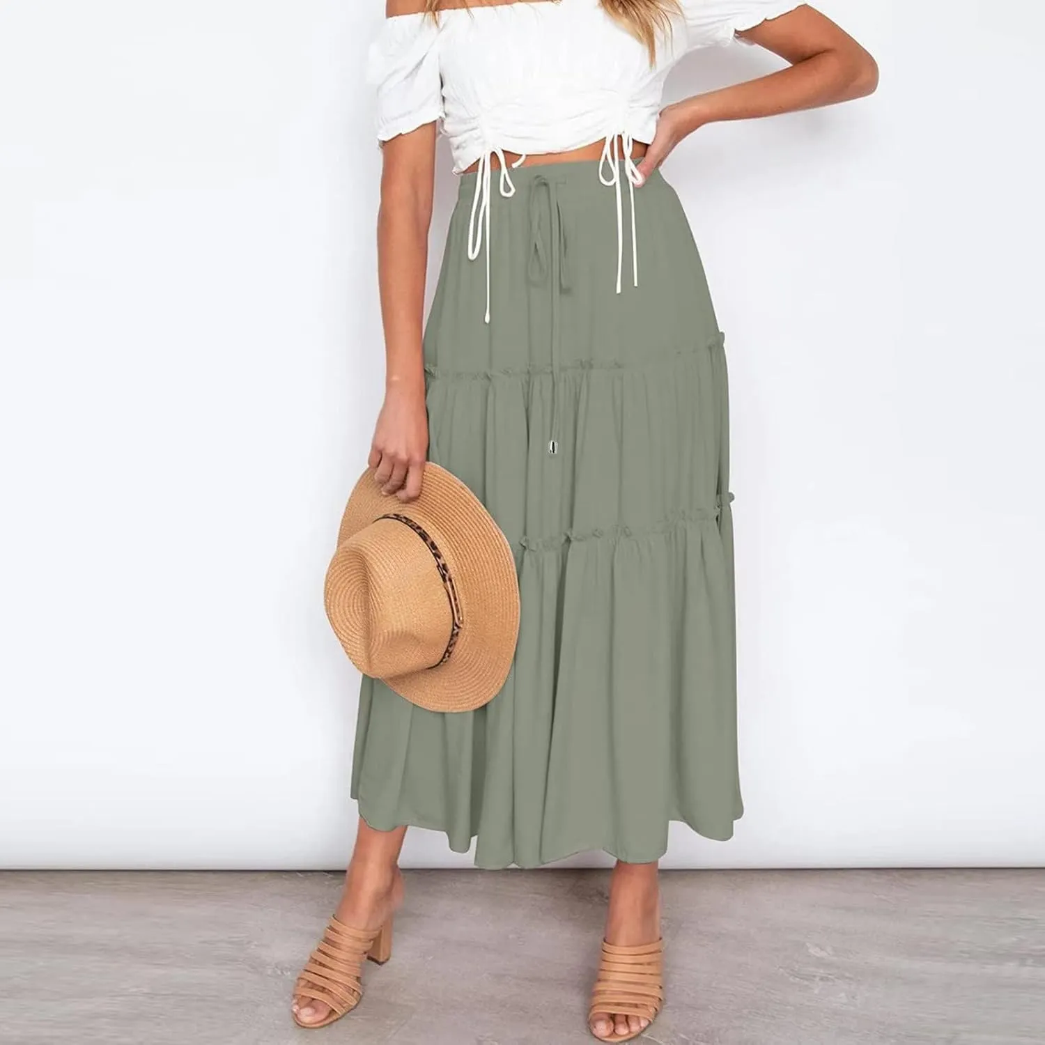 Womens Summer Boho Maxi Skirt A-Line Flowy Ruffle Trendy Drawstring Elastic High Waist Pleated Beach Long Skirts